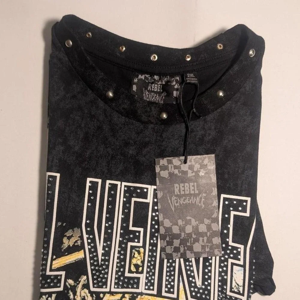 Rebel Vengeance Eye Graphic Studded T-Shirt 2XL Black Acid Wash Y2K NWT